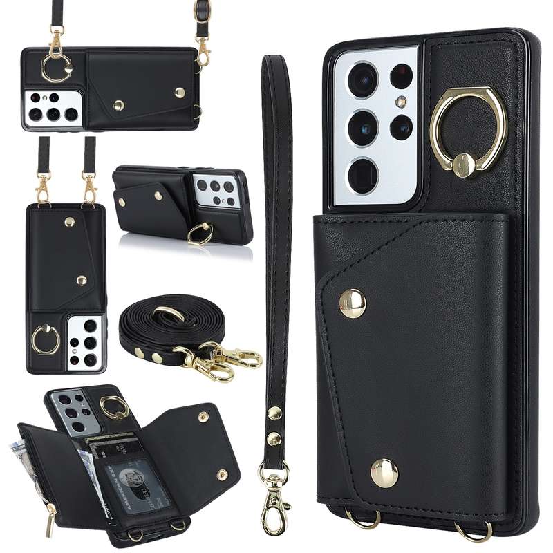 For Samsung Galaxy S21 Ultra 5G Zipper Card Bag Phone Case with Dual Lanyard(Rose Gold)