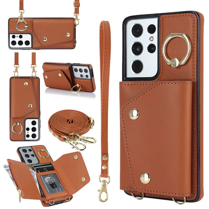 For Samsung Galaxy S21 Ultra 5G Zipper Card Bag Phone Case with Dual Lanyard(Rose Gold)