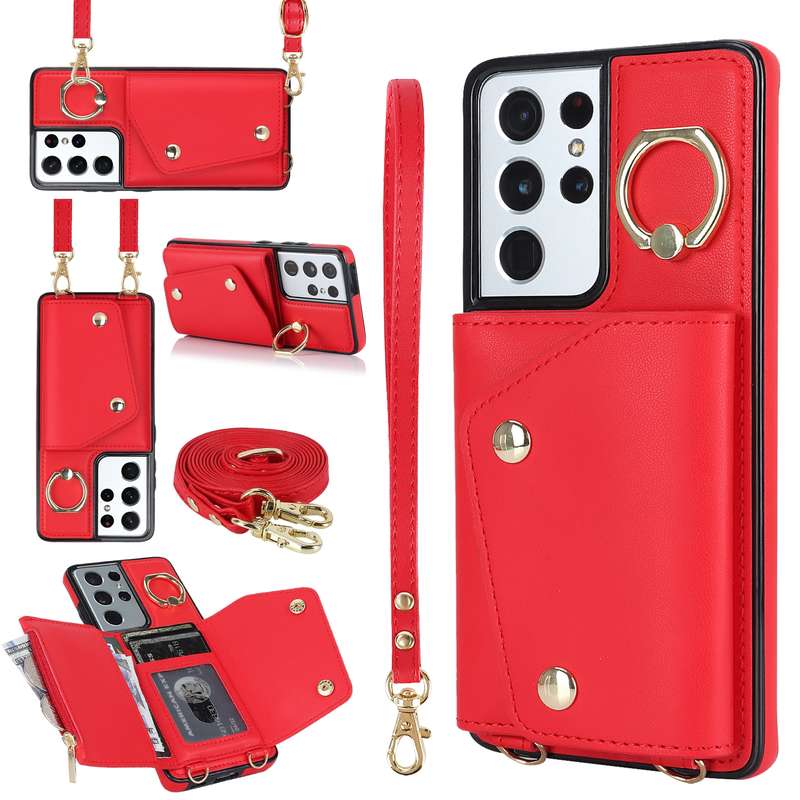 For Samsung Galaxy S21 Ultra 5G Zipper Card Bag Phone Case with Dual Lanyard(Rose Gold)