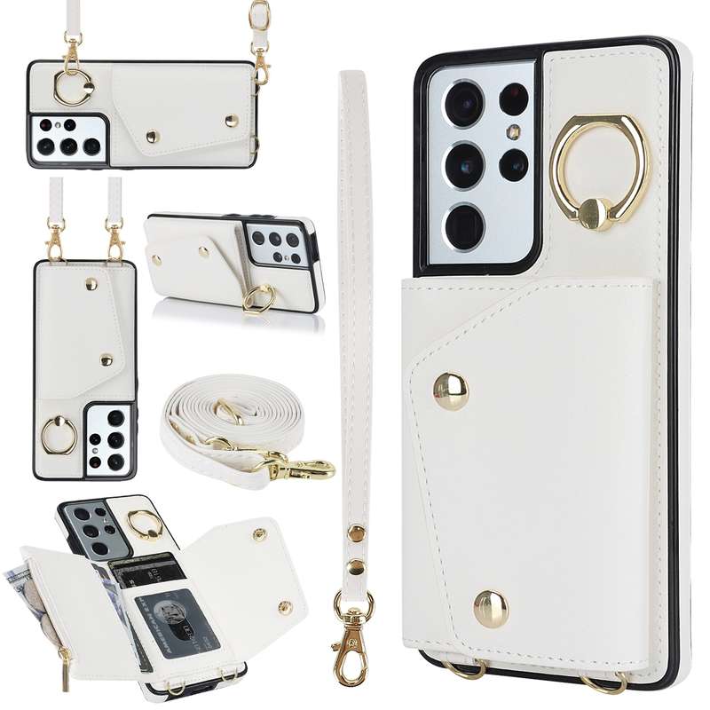For Samsung Galaxy S21 Ultra 5G Zipper Card Bag Phone Case with Dual Lanyard(Rose Gold)