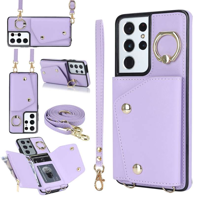 For Samsung Galaxy S21 Ultra 5G Zipper Card Bag Phone Case with Dual Lanyard(Rose Gold)
