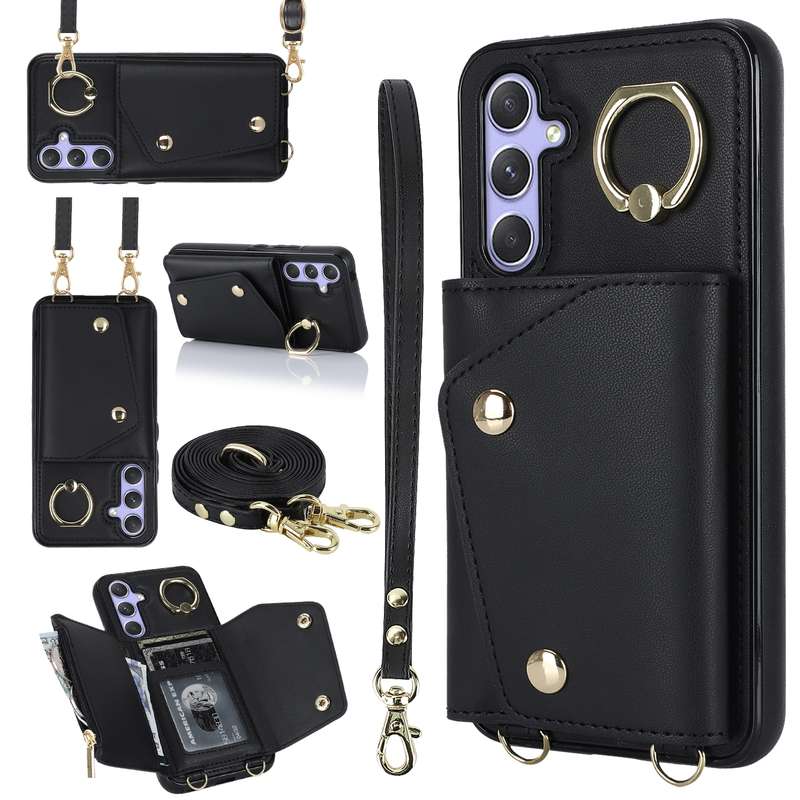 For Samsung Galaxy A54 5G Zipper Card Bag Phone Case with Dual Lanyard(Rose Gold)