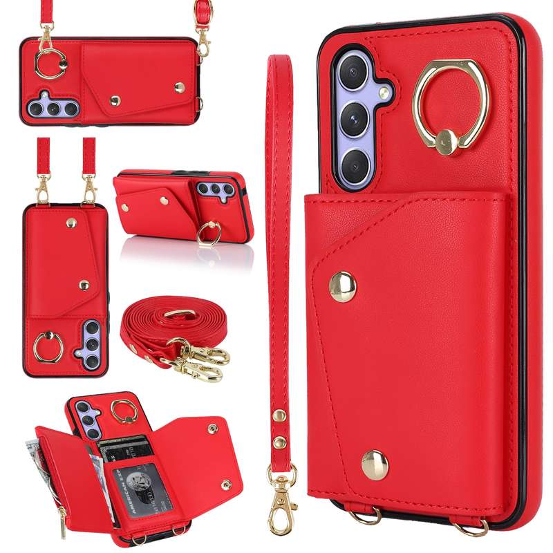 For Samsung Galaxy A54 5G Zipper Card Bag Phone Case with Dual Lanyard(Rose Gold)