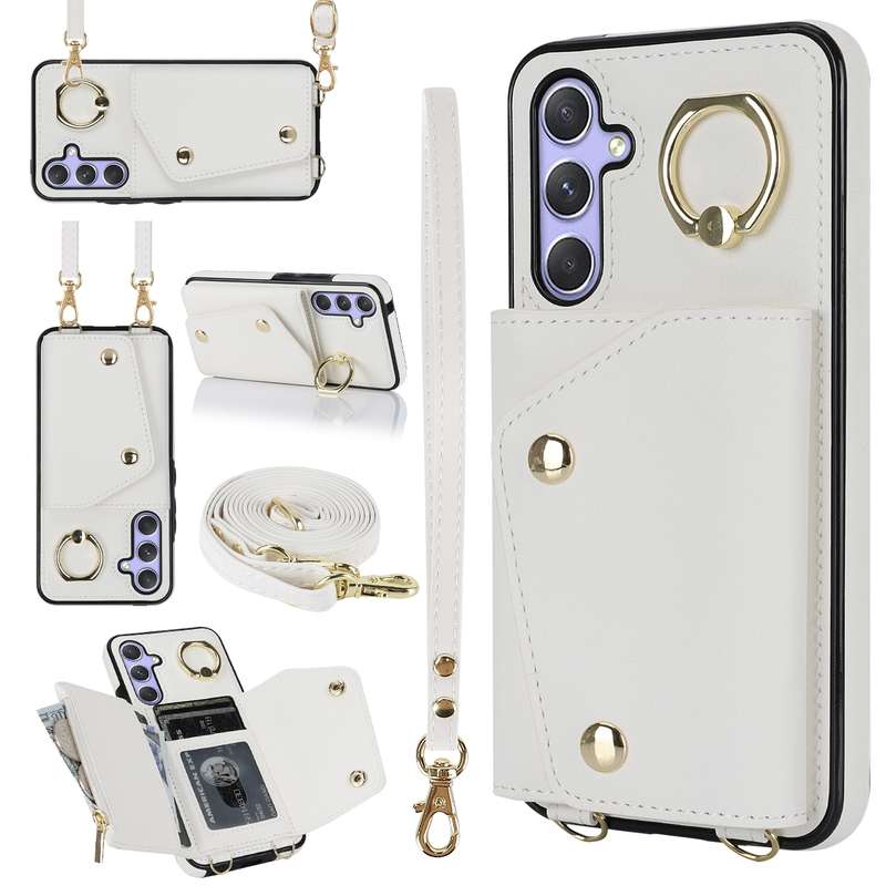 For Samsung Galaxy A54 5G Zipper Card Bag Phone Case with Dual Lanyard(Rose Gold)