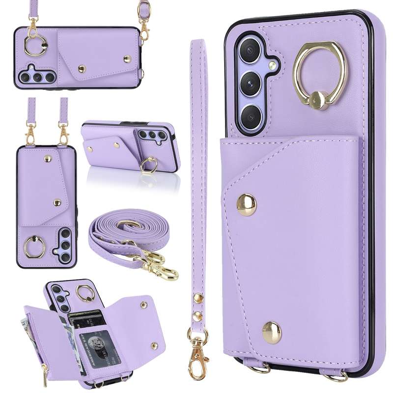 For Samsung Galaxy A54 5G Zipper Card Bag Phone Case with Dual Lanyard(Rose Gold)