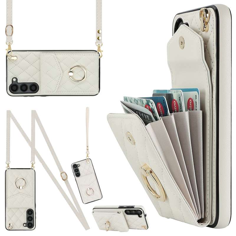 For Samsung Galaxy S23 5G Rhombic Texture Card Bag Phone Case with Long Lanyard(Brown)