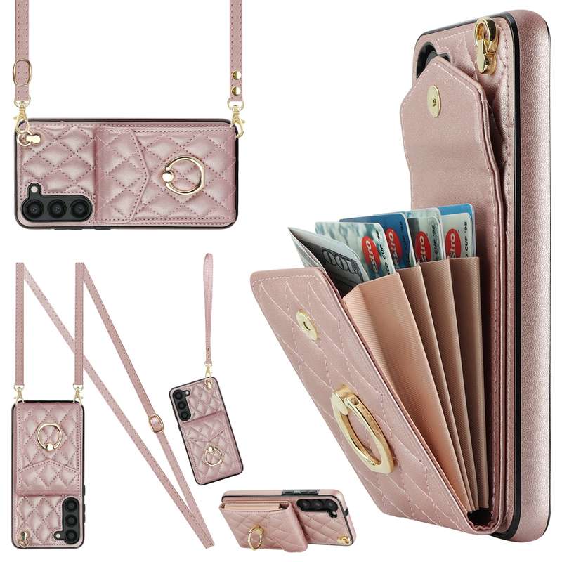 For Samsung Galaxy S23 5G Rhombic Texture Card Bag Phone Case with Long Lanyard(Brown)