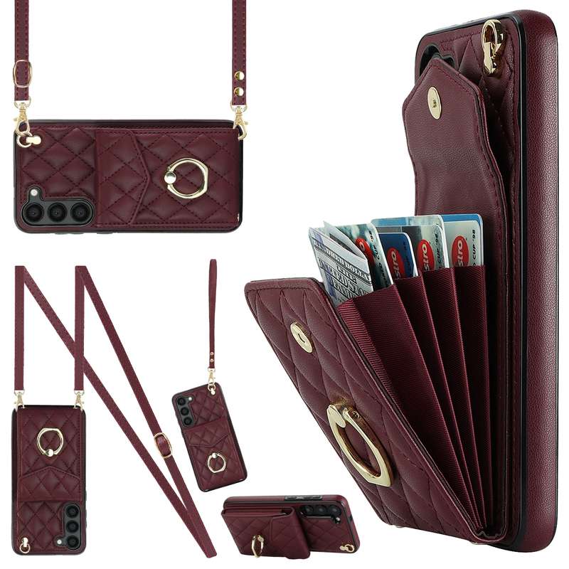 For Samsung Galaxy S23 5G Rhombic Texture Card Bag Phone Case with Long Lanyard(Brown)