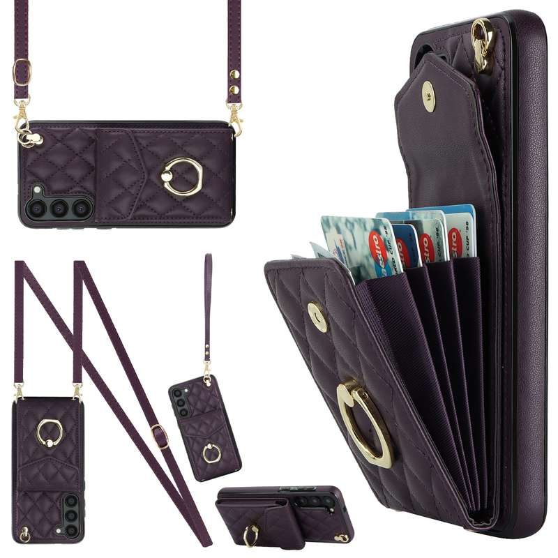 For Samsung Galaxy S23 5G Rhombic Texture Card Bag Phone Case with Long Lanyard(Brown)