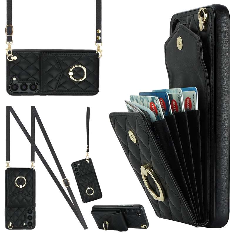 For Samsung Galaxy S24 5G Rhombic Texture Card Bag Phone Case with Long Lanyard(Rose Gold)