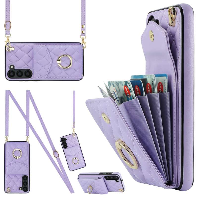 For Samsung Galaxy S24 5G Rhombic Texture Card Bag Phone Case with Long Lanyard(Rose Gold)