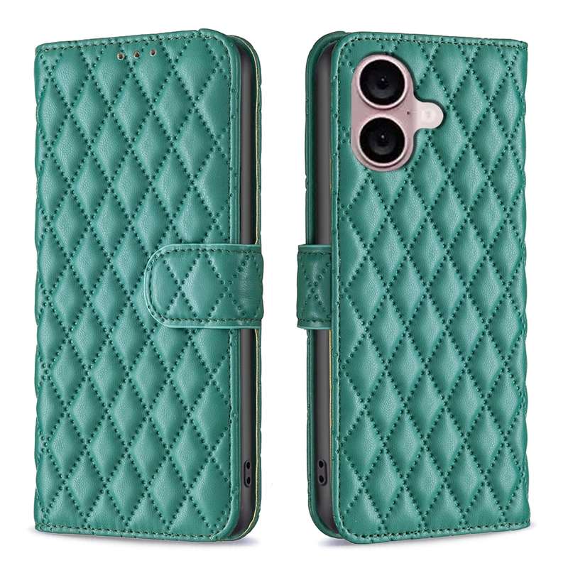 For iPhone 16 Diamond Lattice Wallet Flip Leather Phone Case(Green)