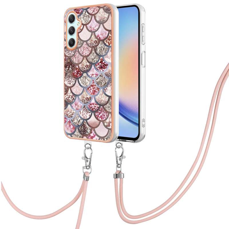 For Samsung Galaxy A24 4G Electroplating IMD TPU Phone Case with Lanyard(Pink Scales)