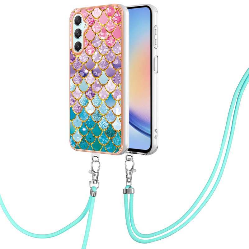 For Samsung Galaxy A24 4G Electroplating IMD TPU Phone Case with Lanyard(Pink Scales)