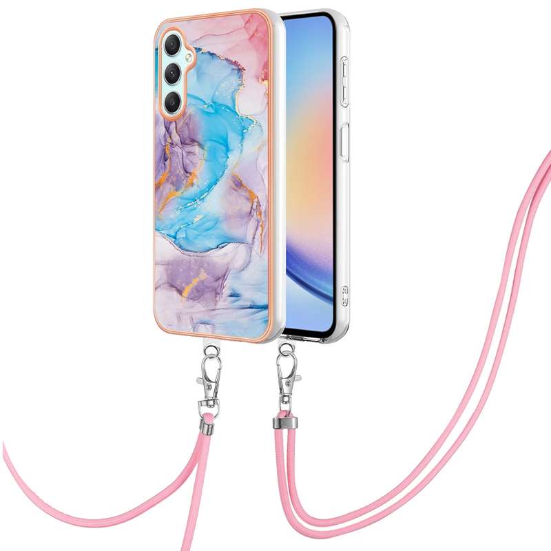 For Samsung Galaxy A24 4G Electroplating IMD TPU Phone Case with Lanyard(Pink Scales)