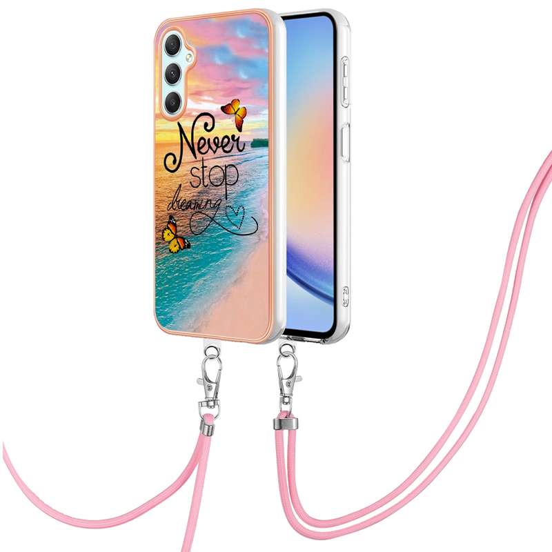 For Samsung Galaxy A24 4G Electroplating IMD TPU Phone Case with Lanyard(Pink Scales)