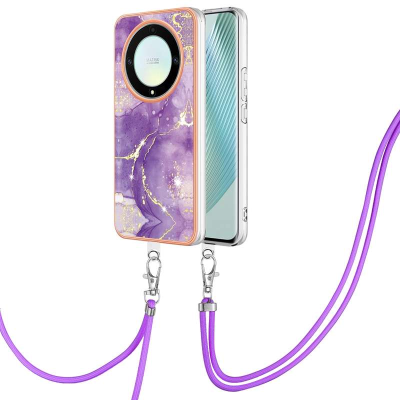 For Honor X9a/Magic5 Lite Electroplating Marble Dual-side IMD Phone Case with Lanyard(Green 003)