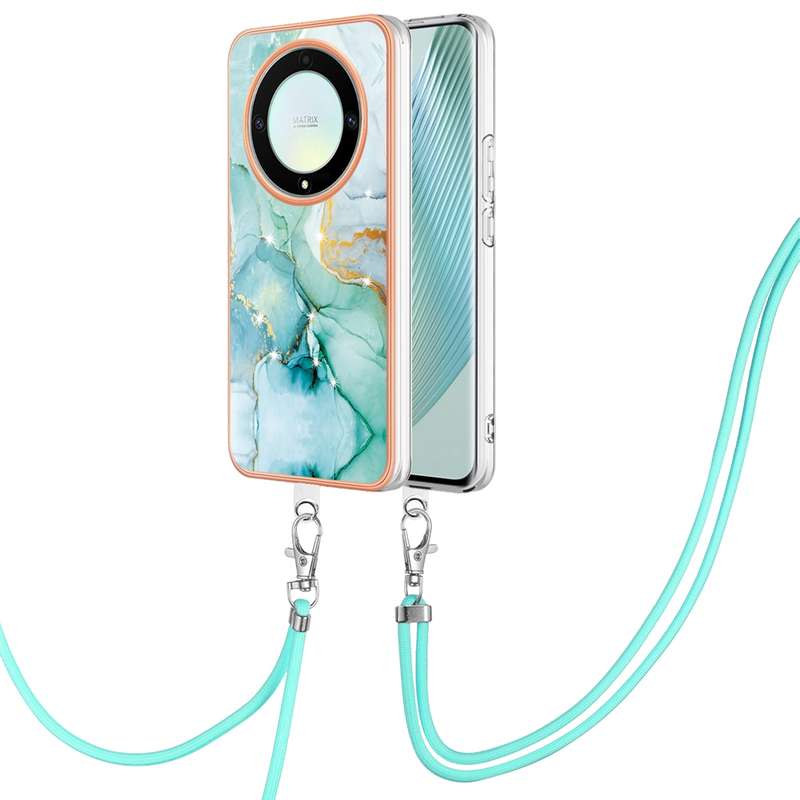 For Honor X9a/Magic5 Lite Electroplating Marble Dual-side IMD Phone Case with Lanyard(Green 003)