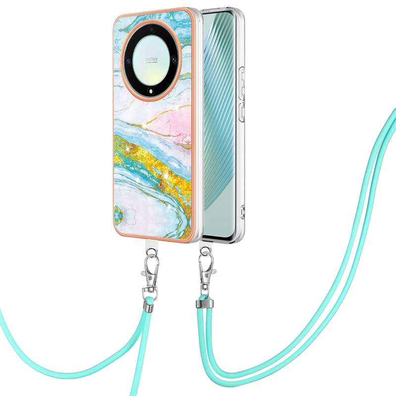For Honor X9a/Magic5 Lite Electroplating Marble Dual-side IMD Phone Case with Lanyard(Green 003)