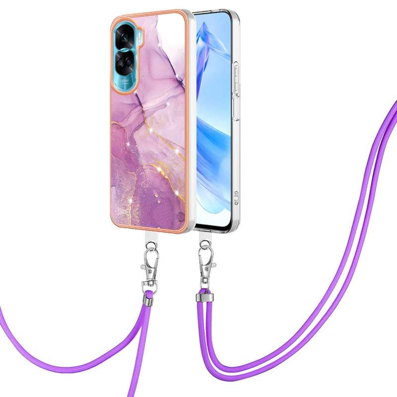For Honor 90 Lite 5G Electroplating Marble Dual-side IMD Phone Case with Lanyard(Green 003)