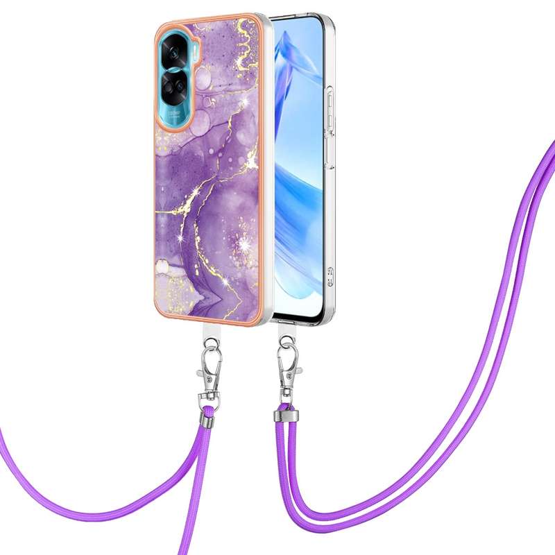 For Honor 90 Lite 5G Electroplating Marble Dual-side IMD Phone Case with Lanyard(Green 003)