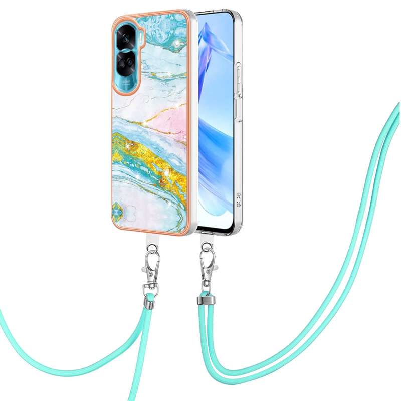 For Honor 90 Lite 5G Electroplating Marble Dual-side IMD Phone Case with Lanyard(Green 003)