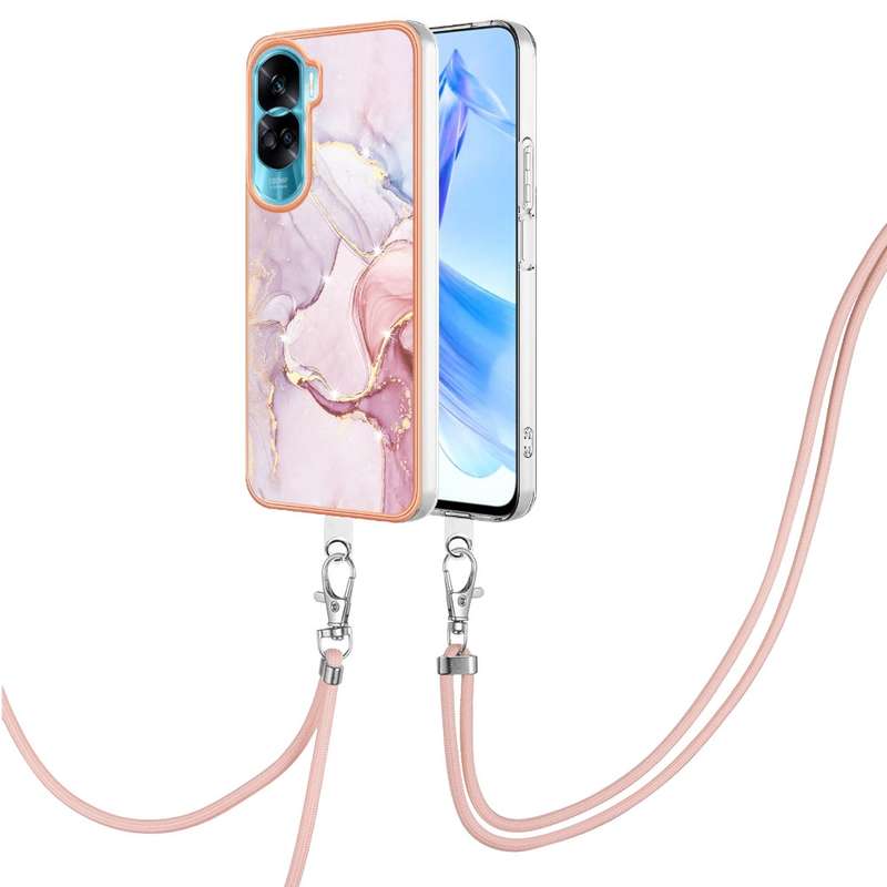 For Honor 90 Lite 5G Electroplating Marble Dual-side IMD Phone Case with Lanyard(Green 003)