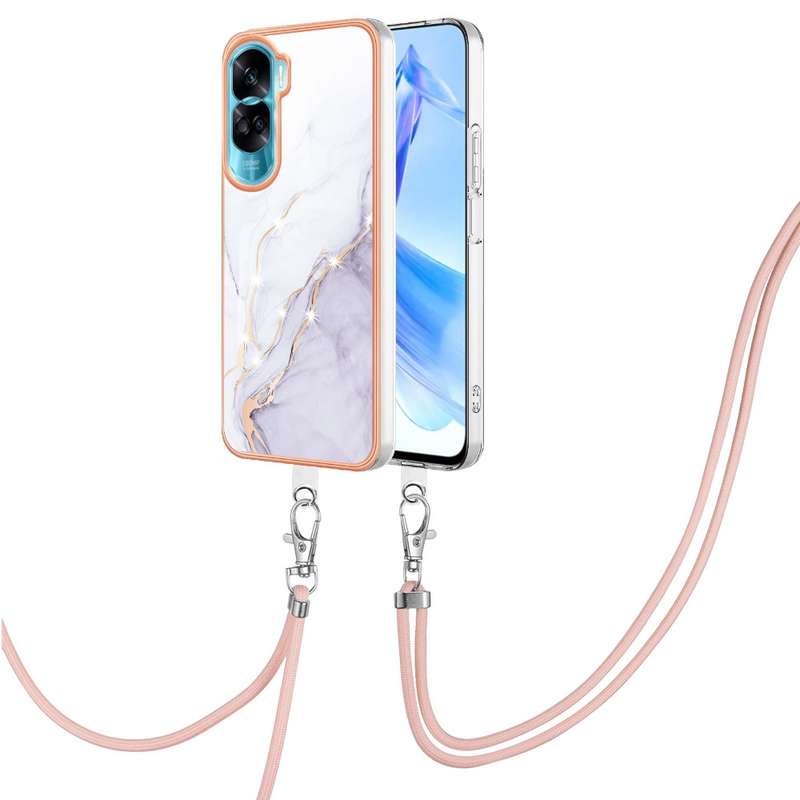 For Honor 90 Lite 5G Electroplating Marble Dual-side IMD Phone Case with Lanyard(Green 003)