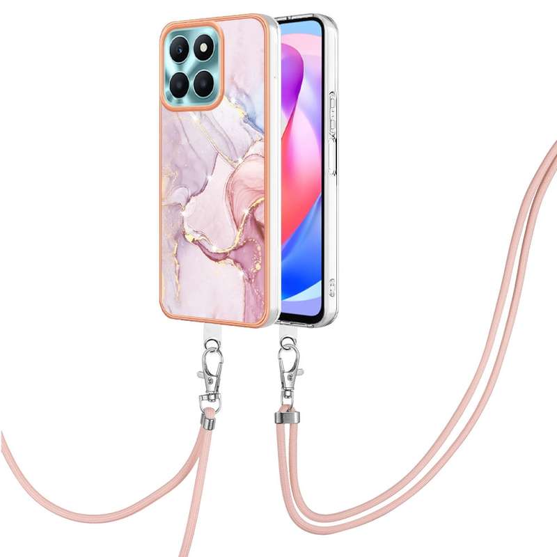 For Honor X6a Electroplating Marble Dual-side IMD Phone Case with Lanyard(Purple 002)