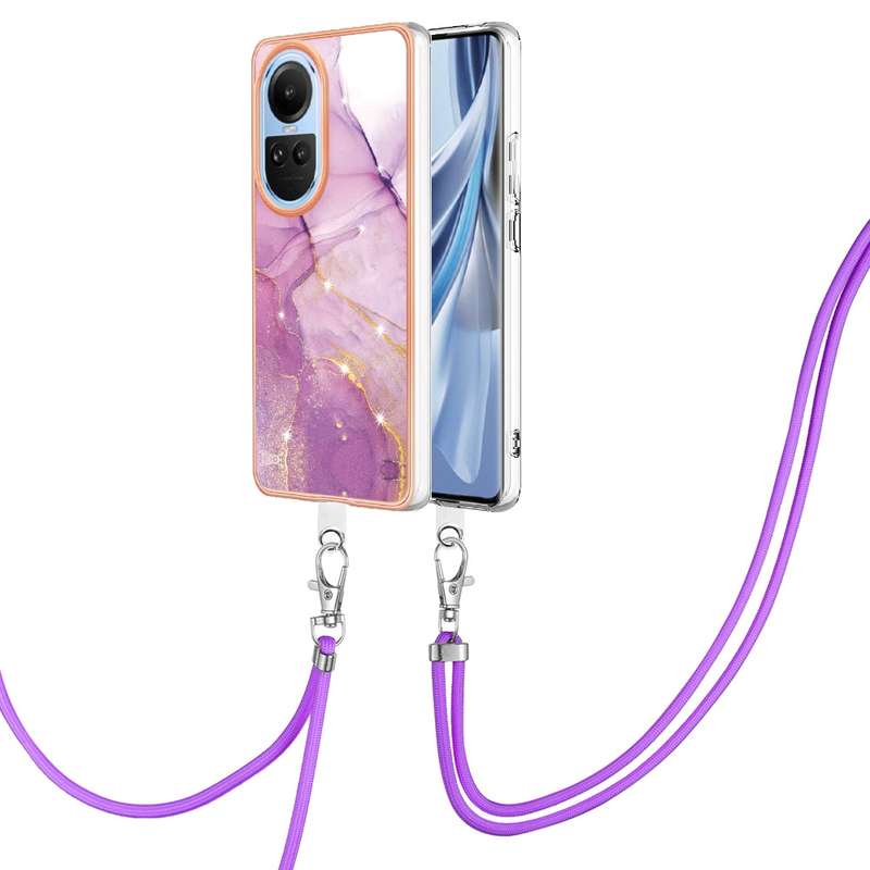 For OPPO Reno10 5G Global Electroplating Marble Dual-side IMD Phone Case with Lanyard(Rose Gold 005)