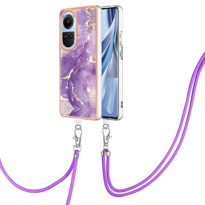 For OPPO Reno10 5G Global Electroplating Marble Dual-side IMD Phone Case with Lanyard(Rose Gold 005)