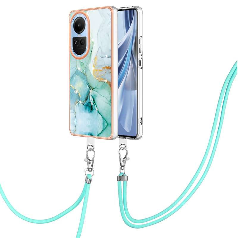 For OPPO Reno10 5G Global Electroplating Marble Dual-side IMD Phone Case with Lanyard(Rose Gold 005)