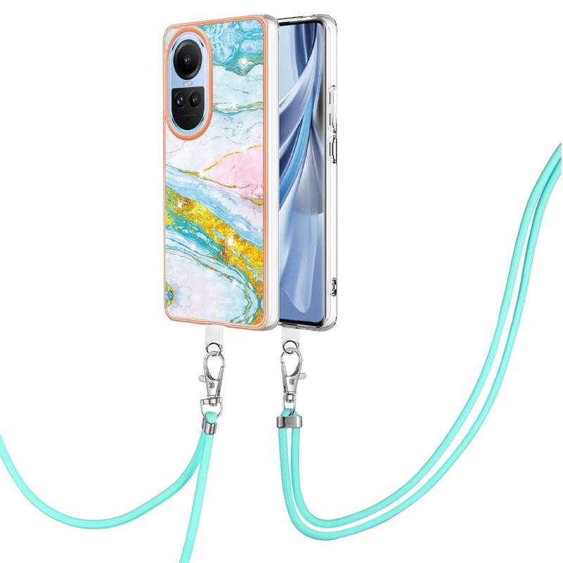 For OPPO Reno10 5G Global Electroplating Marble Dual-side IMD Phone Case with Lanyard(Rose Gold 005)