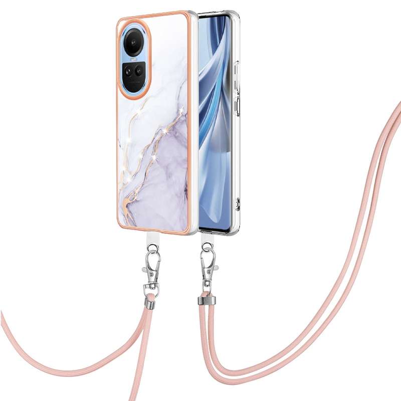 For OPPO Reno10 5G Global Electroplating Marble Dual-side IMD Phone Case with Lanyard(Rose Gold 005)