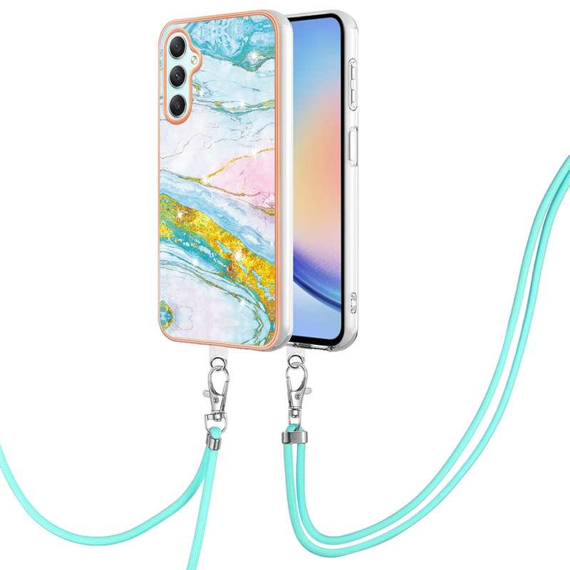 For Samsung Galaxy A24 4G Electroplating Marble Dual-side IMD Phone Case with Lanyard(Rose Gold 005)