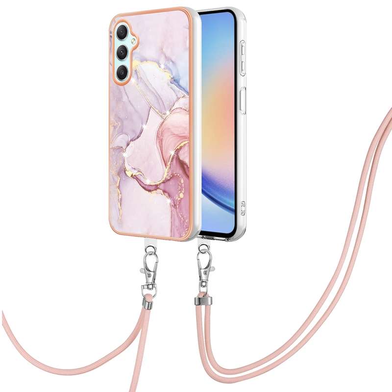For Samsung Galaxy A24 4G Electroplating Marble Dual-side IMD Phone Case with Lanyard(Rose Gold 005)