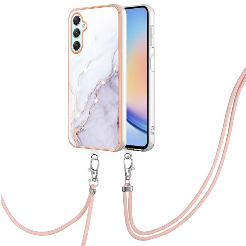 For Samsung Galaxy A24 4G Electroplating Marble Dual-side IMD Phone Case with Lanyard(Rose Gold 005)