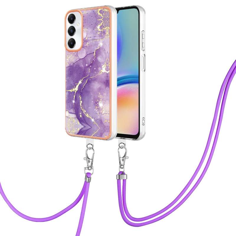 For Samsung Galaxy A05s Electroplating Marble Dual-side IMD Phone Case with Lanyard(Rose Gold 005)