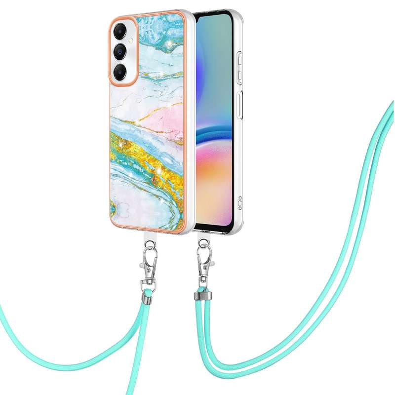 For Samsung Galaxy A05s Electroplating Marble Dual-side IMD Phone Case with Lanyard(Rose Gold 005)