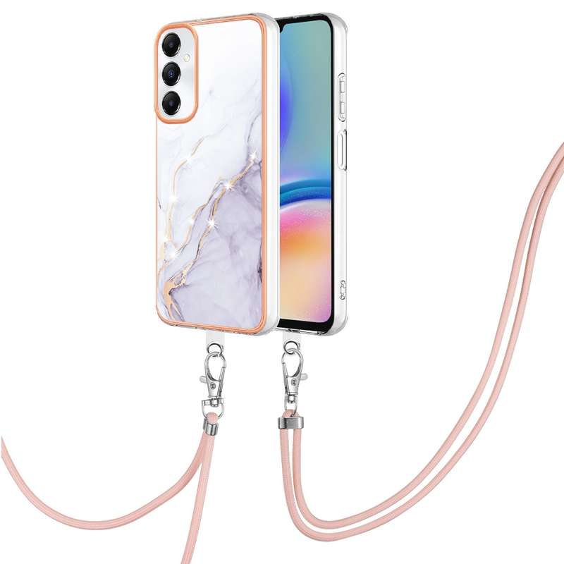 For Samsung Galaxy A05s Electroplating Marble Dual-side IMD Phone Case with Lanyard(Rose Gold 005)