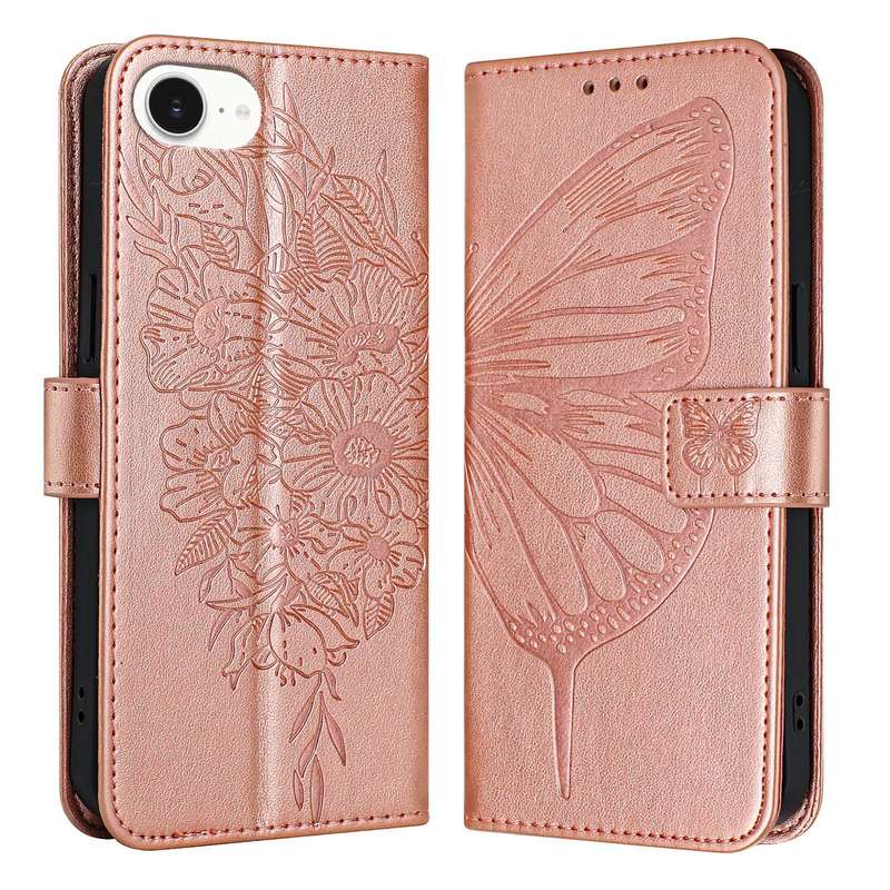 For iPhone SE 2024 Embossed Butterfly Leather Phone Case(Rose Gold)