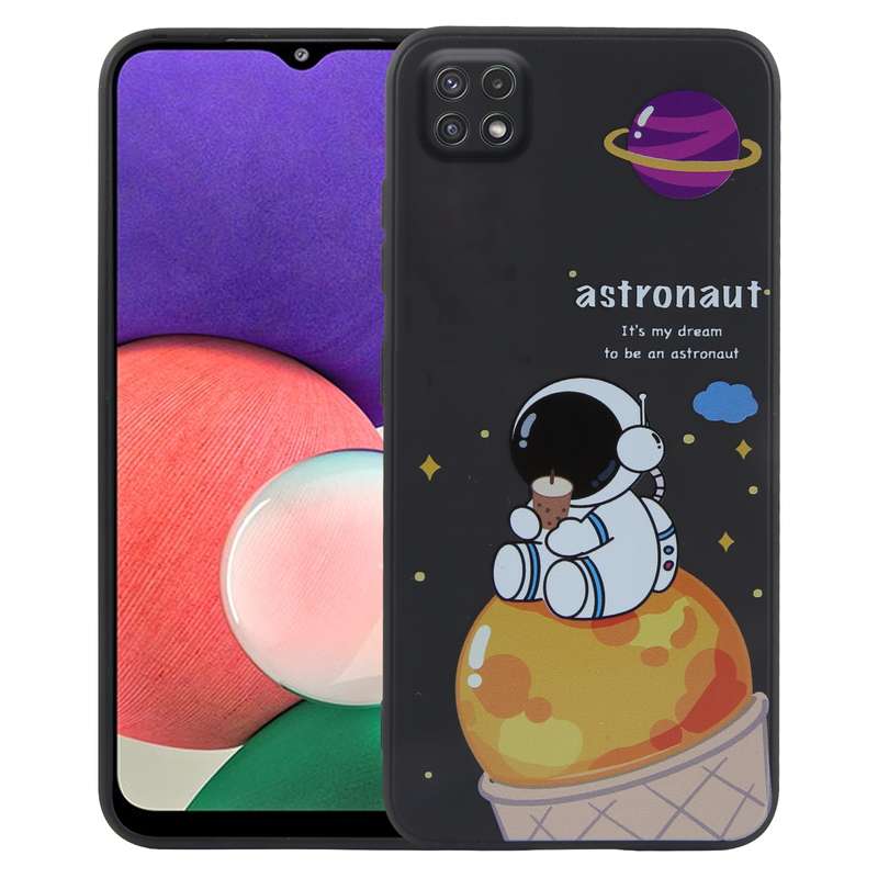 For Samsung Galaxy A22 5G Milk Tea Astronaut Pattern Liquid Silicone Phone Case(Black)