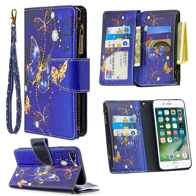 For iPhone 8 & 7 Colored Drawing Pattern Zipper Horizontal Flip Leather Case with Holder & Card Slot