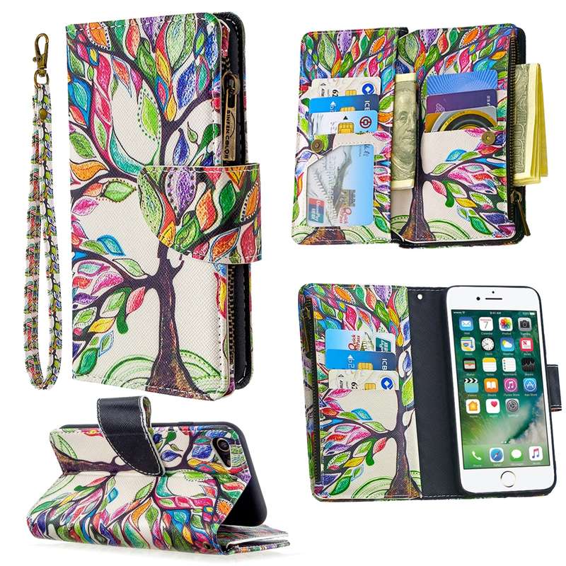 For iPhone 8 & 7 Colored Drawing Pattern Zipper Horizontal Flip Leather Case with Holder & Card Slot
