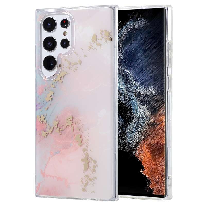 For Samsung Galaxy S22 Ultra 5G Coloured Glaze Marble Phone Case(Pink Grey)