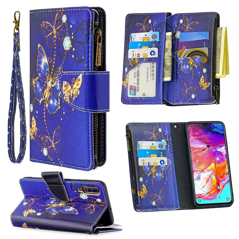 For Samsung Galaxy A70 Colored Drawing Pattern Zipper Horizontal Flip Leather Case with Holder & Car