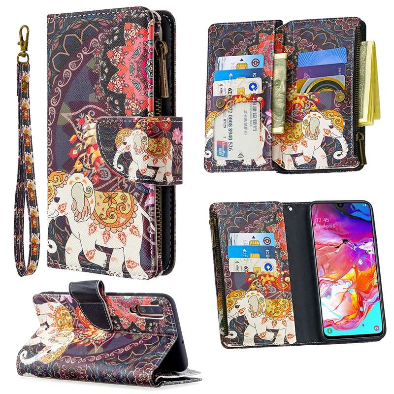 For Samsung Galaxy A70 Colored Drawing Pattern Zipper Horizontal Flip Leather Case with Holder & Car