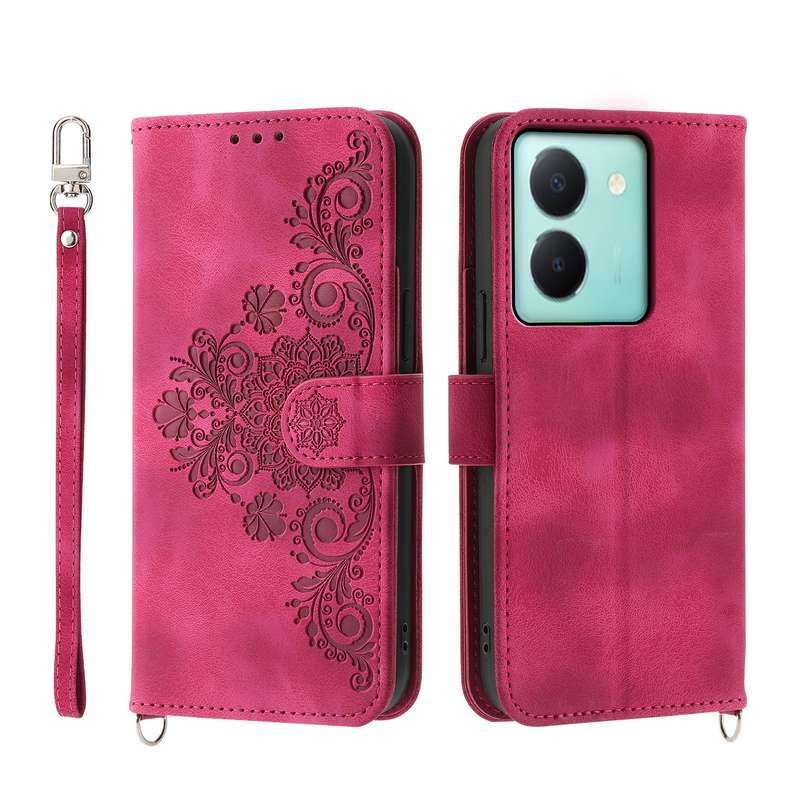 For vivo Y36 Skin Feel Flowers Embossed Wallet Leather Phone Case(Pink)
