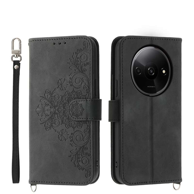 For Xiaomi Redmi A3 Skin-feel Flowers Embossed Wallet Leather Phone Case(Black)