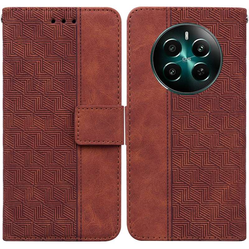 For Realme 12+ Geometric Embossed Leather Phone Case(Brown)